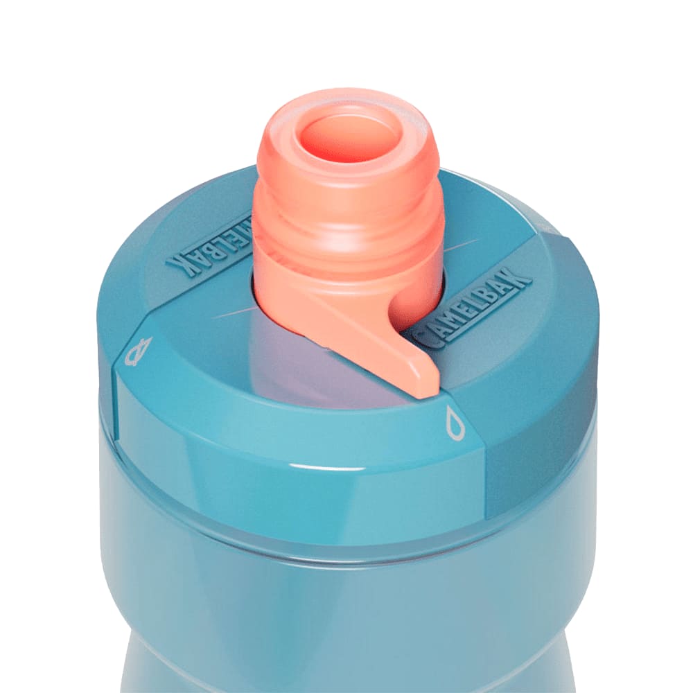 A drink bottle in shades of blue with an orange lid and a push-pull cap, featuring a logo on the side.