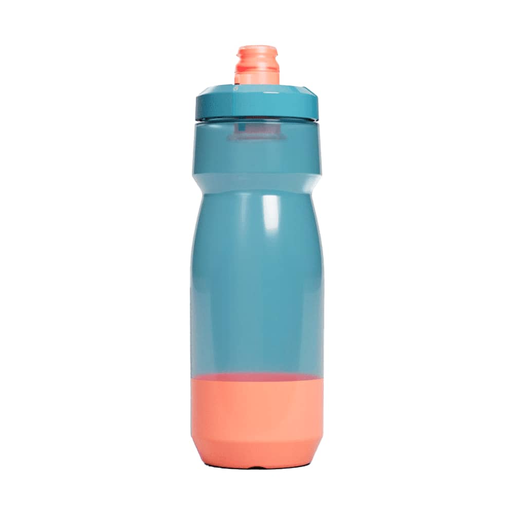 A drink bottle in teal and coral, featuring a screw-on lid and a built-in spout. It has a branded logo.