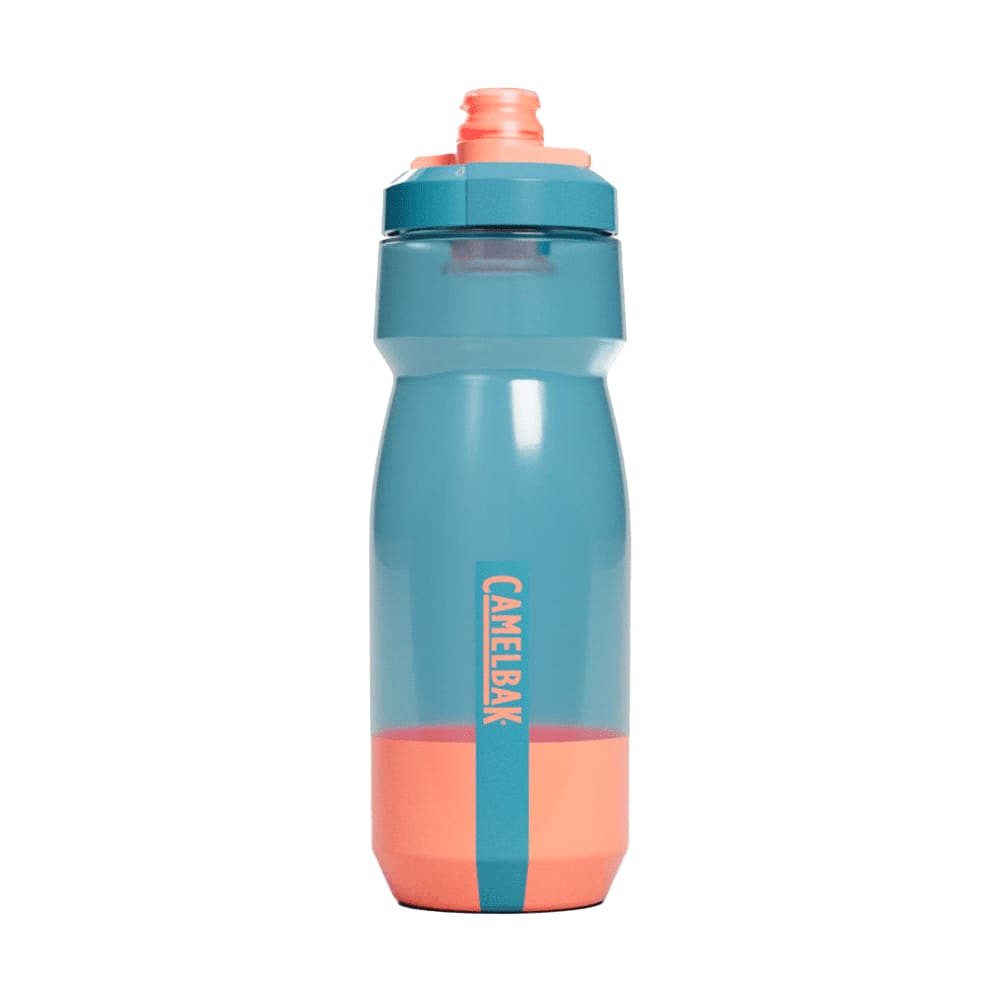 A drink bottle featuring a blue and orange design with a logo. It has a flip-top cap and a tapered body.