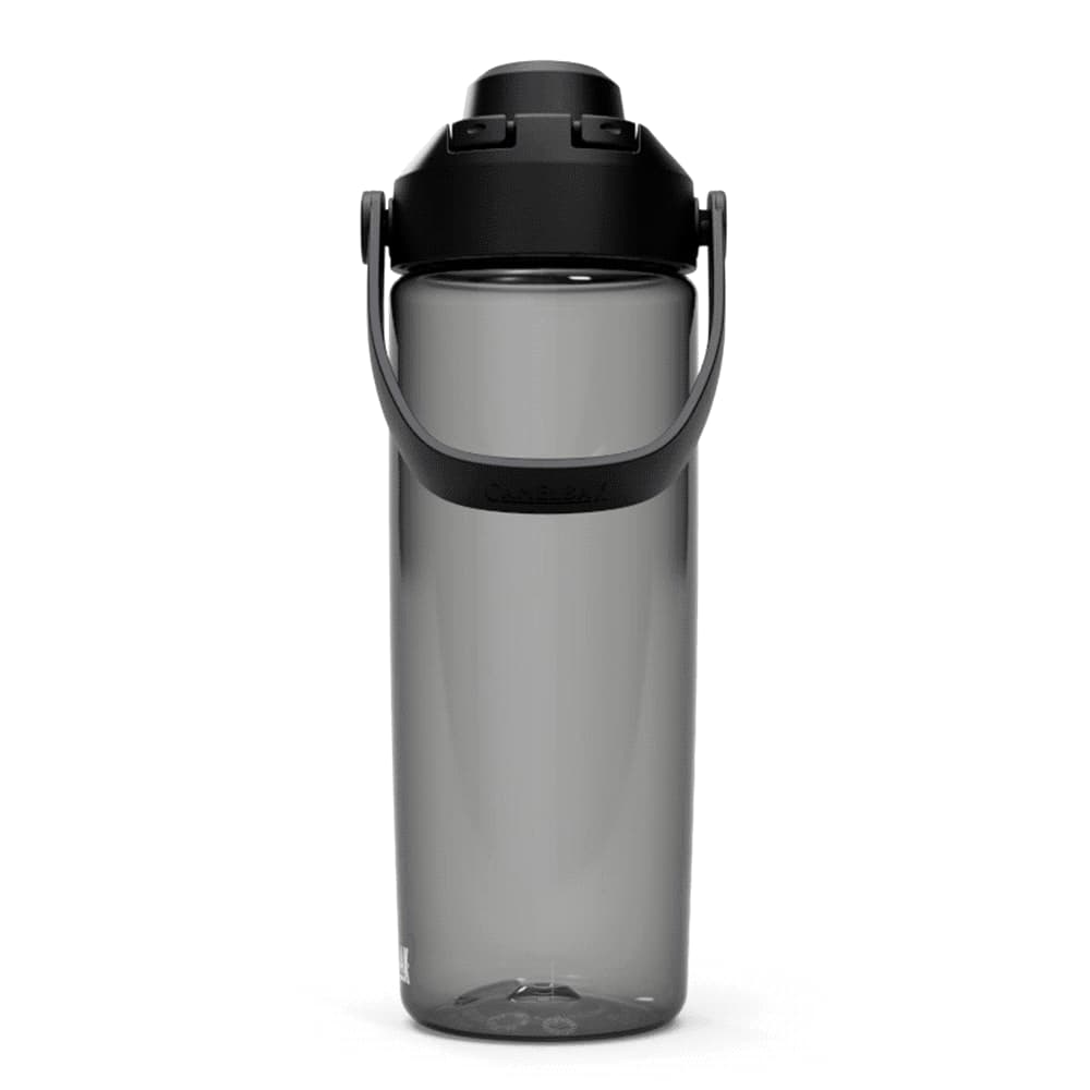 A drink bottle with a grey translucent body and a black lid, featuring a carry handle and a logo.
