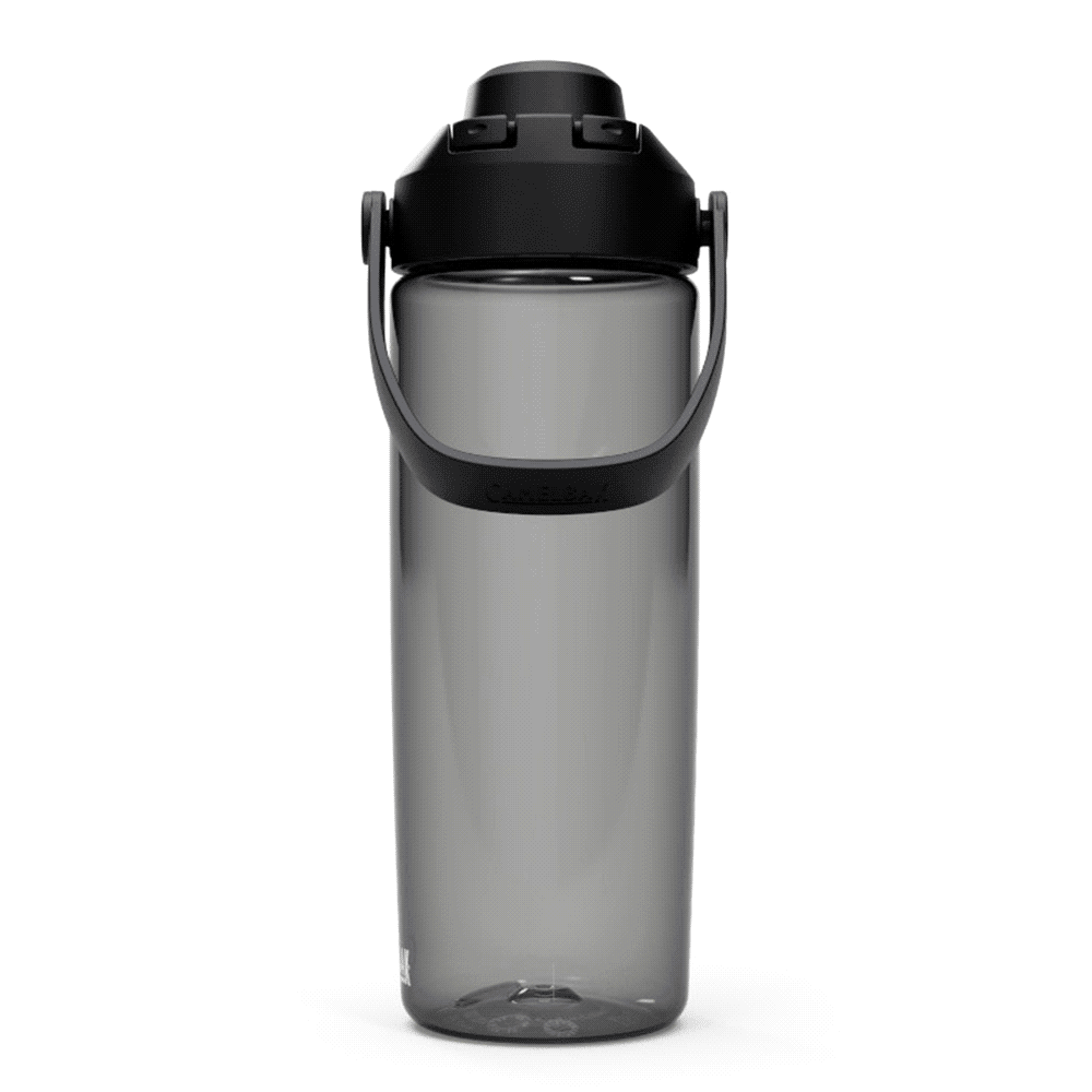 A drink bottle in translucent grey with a black lid and handle, featuring a logo on the side.