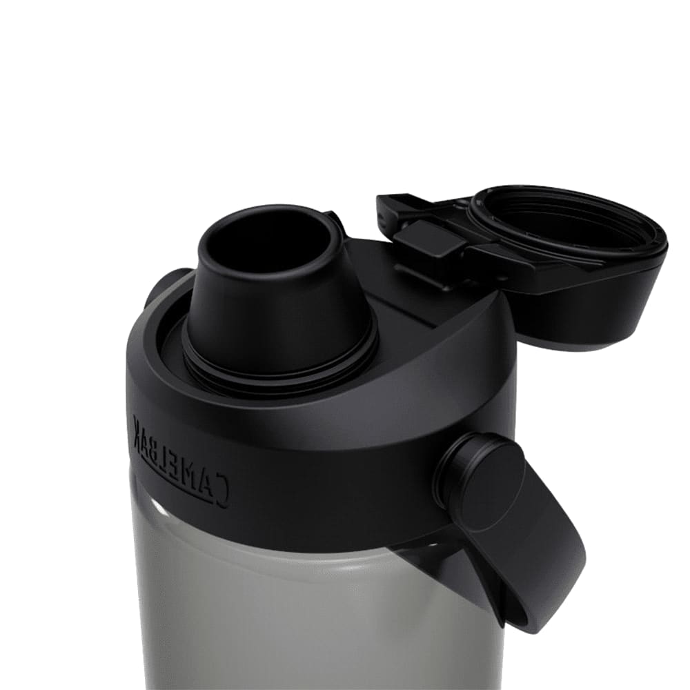 A drink bottle featuring a grey body and a black lid with a drinking spout and a flip-top cap.