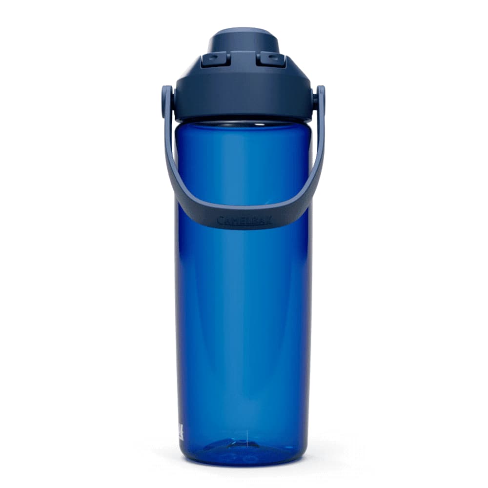 A drink bottle in a vibrant blue colour with a flip-top lid and a handle. It features a logo on the side.