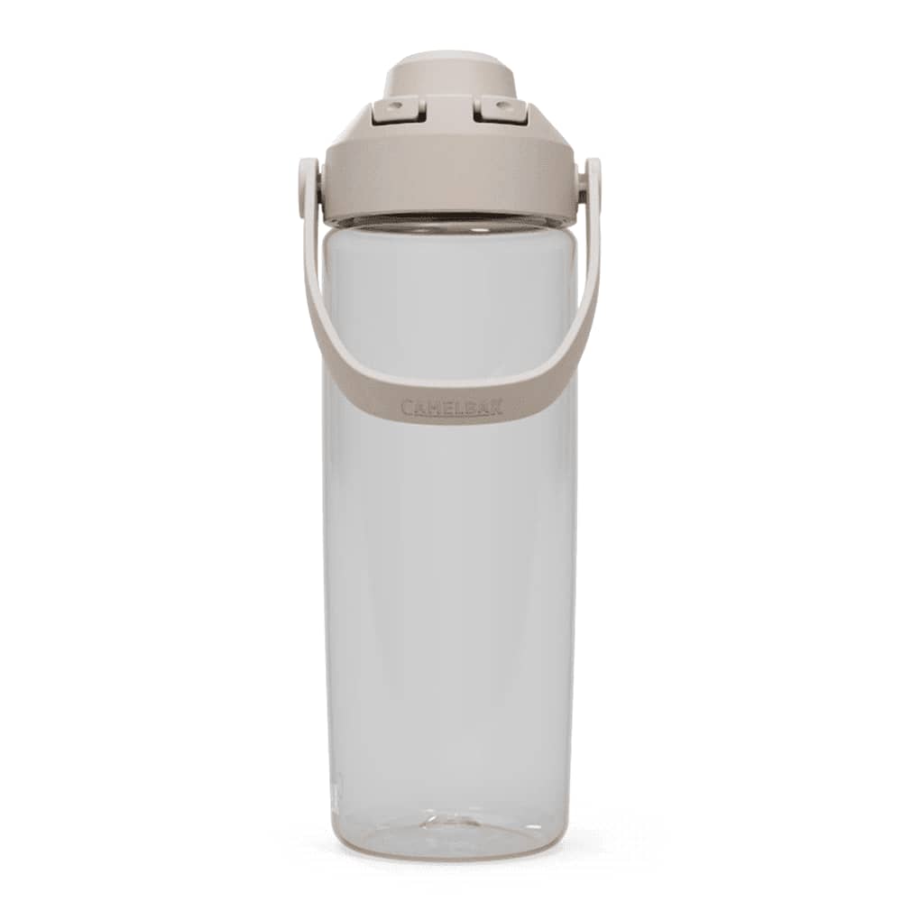 A drink bottle in clear plastic with a beige lid and handle, featuring a logo on the side.