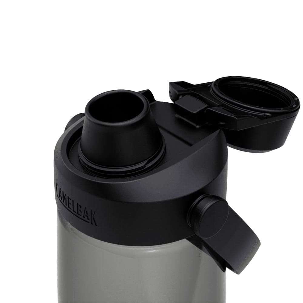 A drink bottle with a grey body and black cap featuring a spout and a logo on the side.