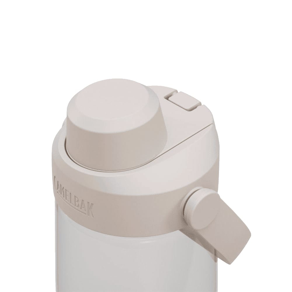 A drink bottle in a light beige colour with a screw lid and a side handle. It features a logo.