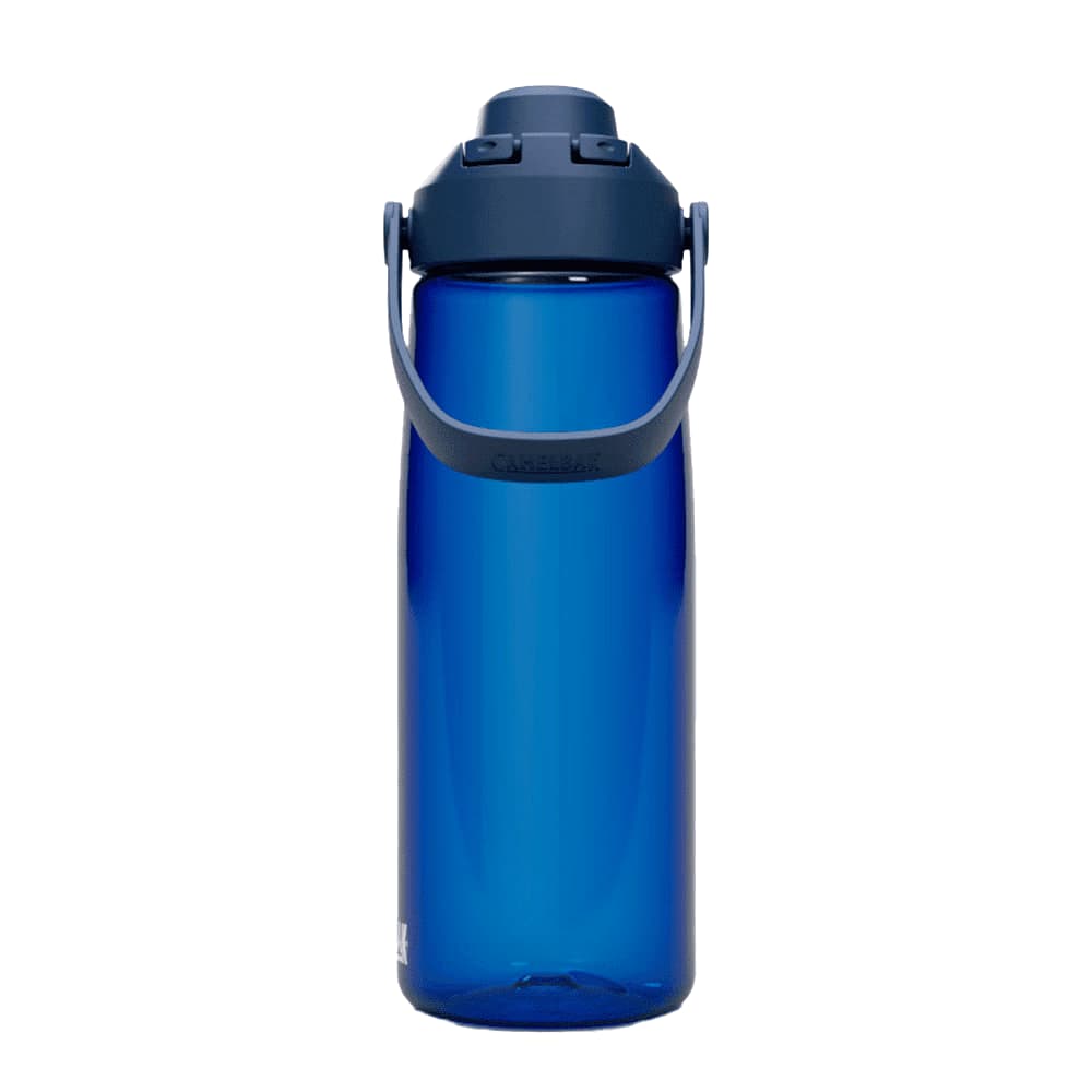 A drink bottle in a deep blue colour, featuring a handle and a sports cap, with a logo on the side.