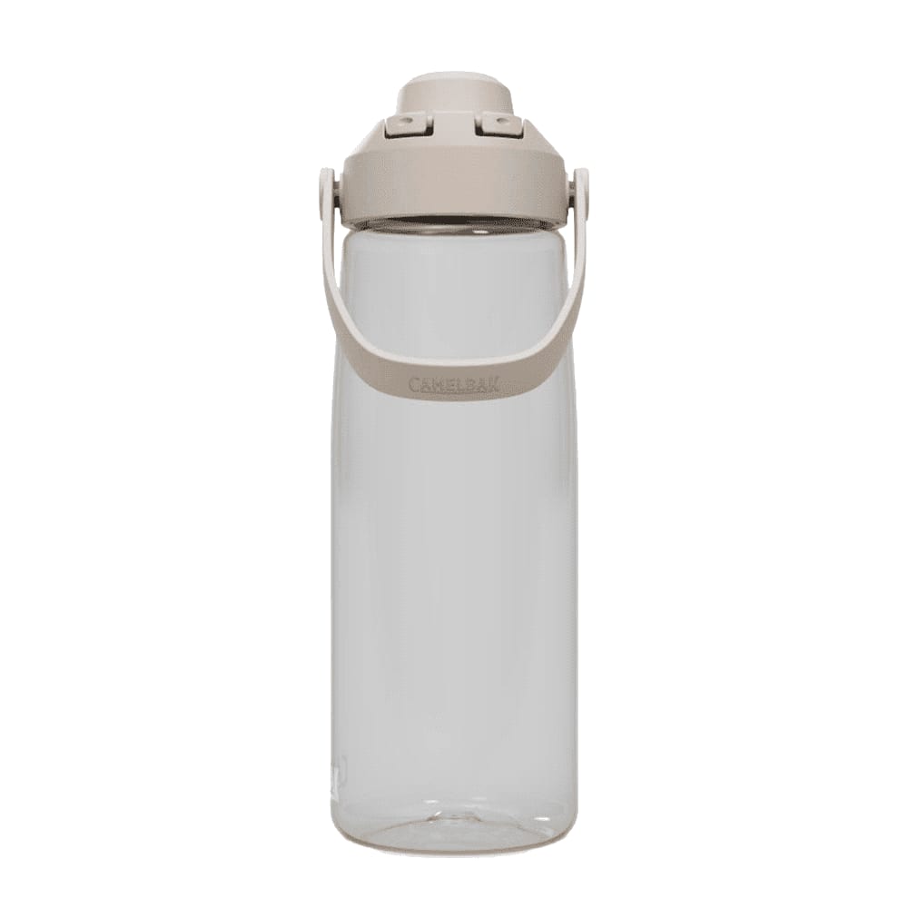 A drink bottle in clear plastic with a beige cap and handle, featuring a logo on the body.