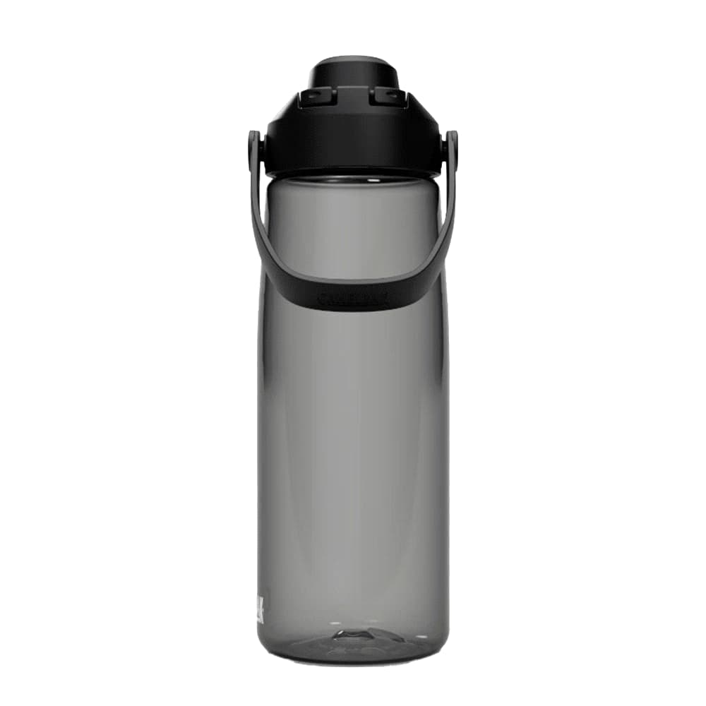 A drink bottle in a smoky grey colour with a black lid and handle, featuring a logo on the side.