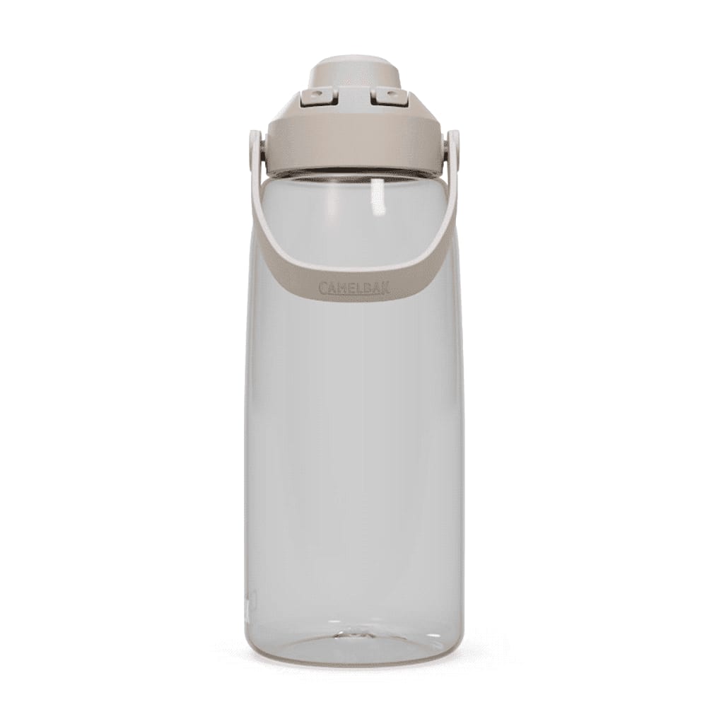 A drink bottle in a clear design with a light grey lid and handle, featuring branding on the bottle.
