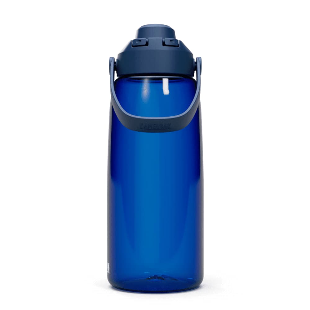 A drink bottle in navy blue with a flip-top lid and a carrying handle. It features a brand logo.