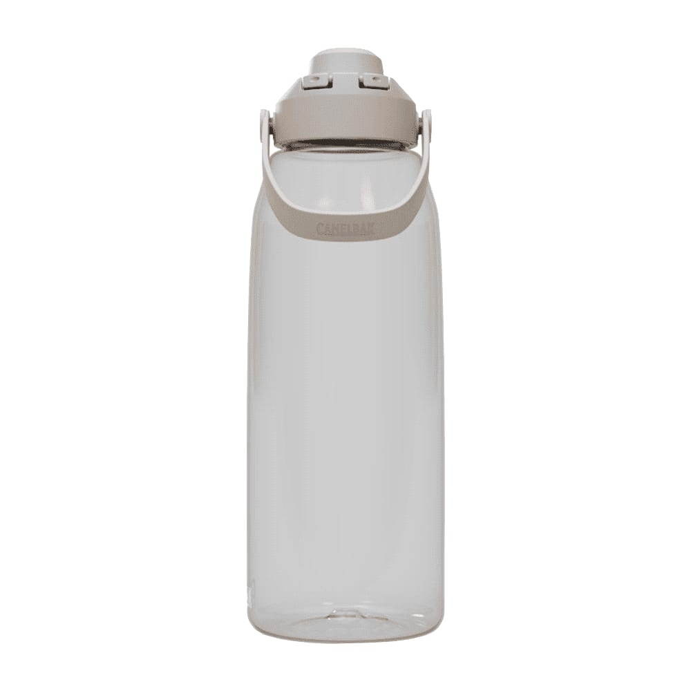 A drink bottle featuring a clear design with a beige lid and handle, designed for easy hydration.