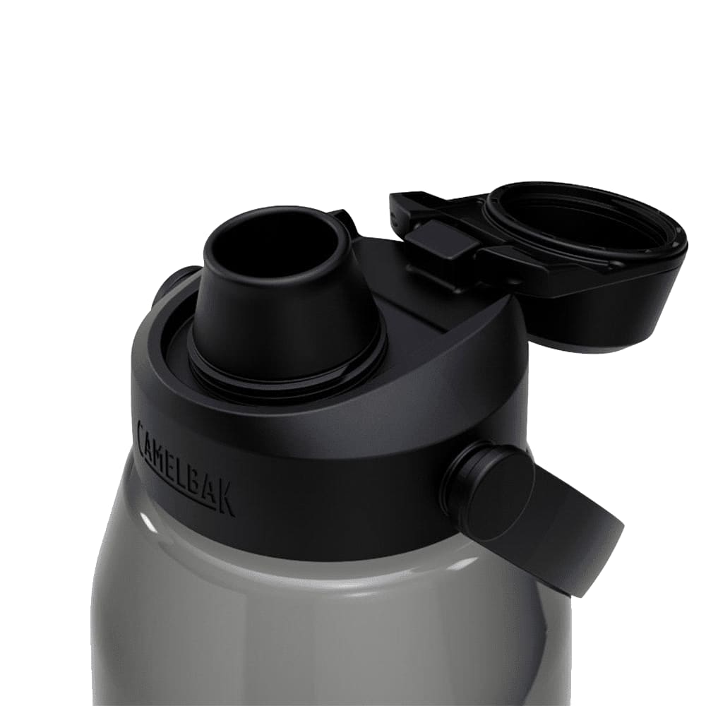 A drink bottle in grey featuring a black lid and spout, with a logo on the side.