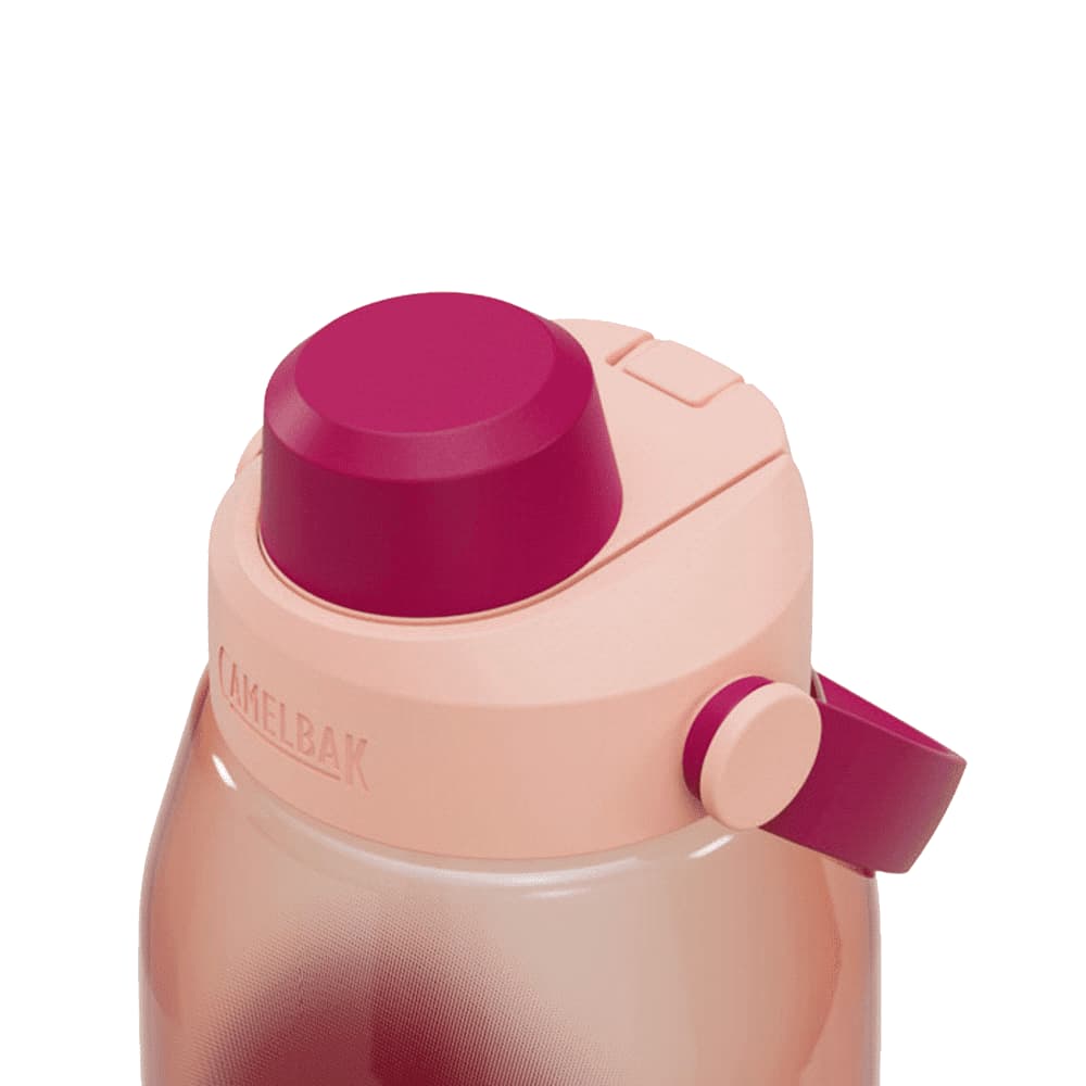 A drink bottle with a pink and peach design, featuring a secure lid and a logo on the top.
