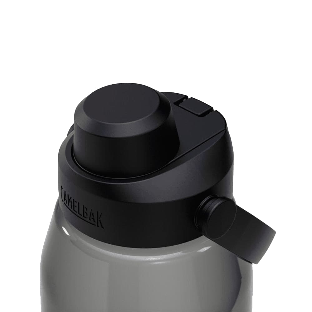 A drink bottle in grey with a black lid and spout, featuring a branding logo on the side.