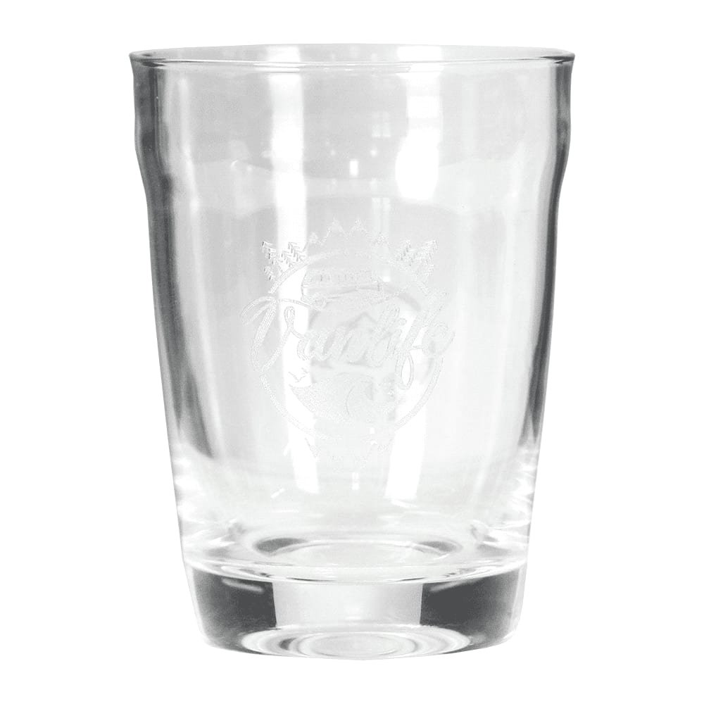 A glass cup with a clear design and an engraved logo on the front, featuring a rounded shape.