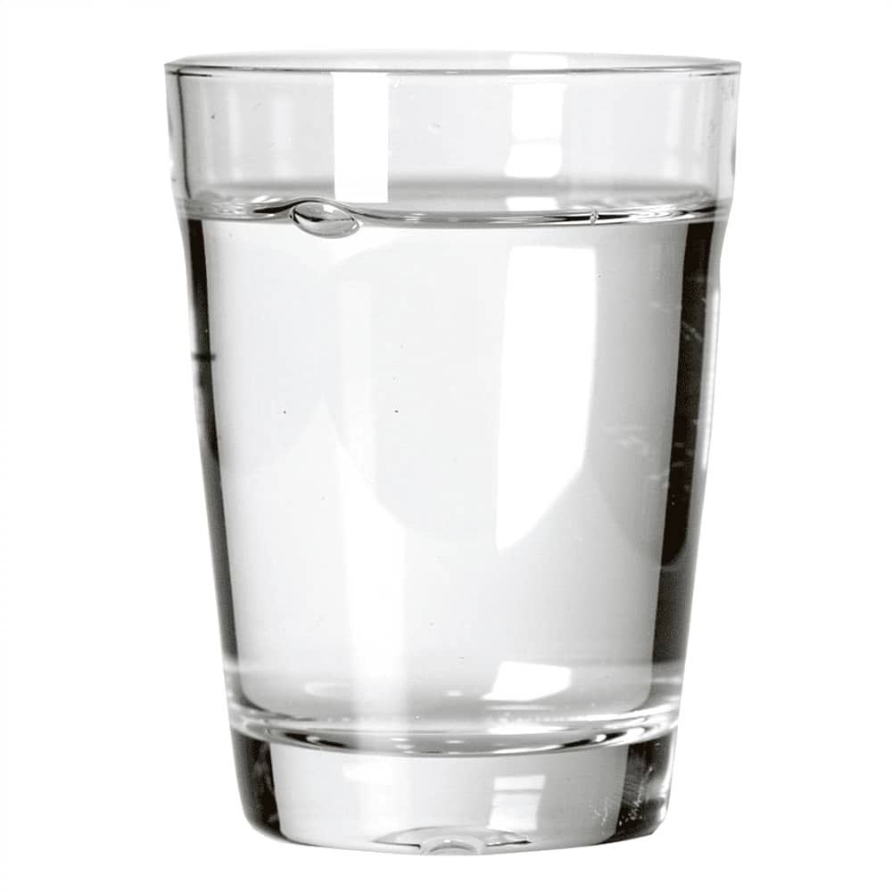 A glass carry cup filled with clear water, featuring a sleek, transparent design and a smooth rim.