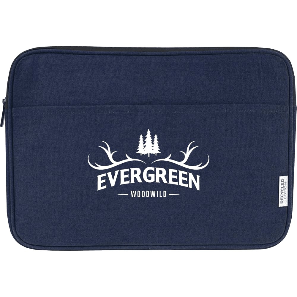 A navy laptop sleeve with a front logo and a zipper closure, designed for 16-inch laptops.