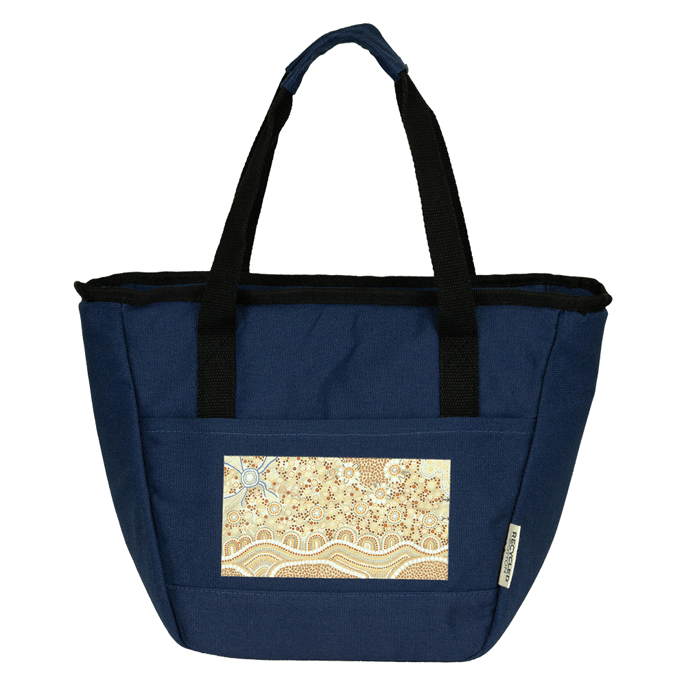 A navy cooler tote featuring a decorative panel, sturdy black handles, and a logo on the side.