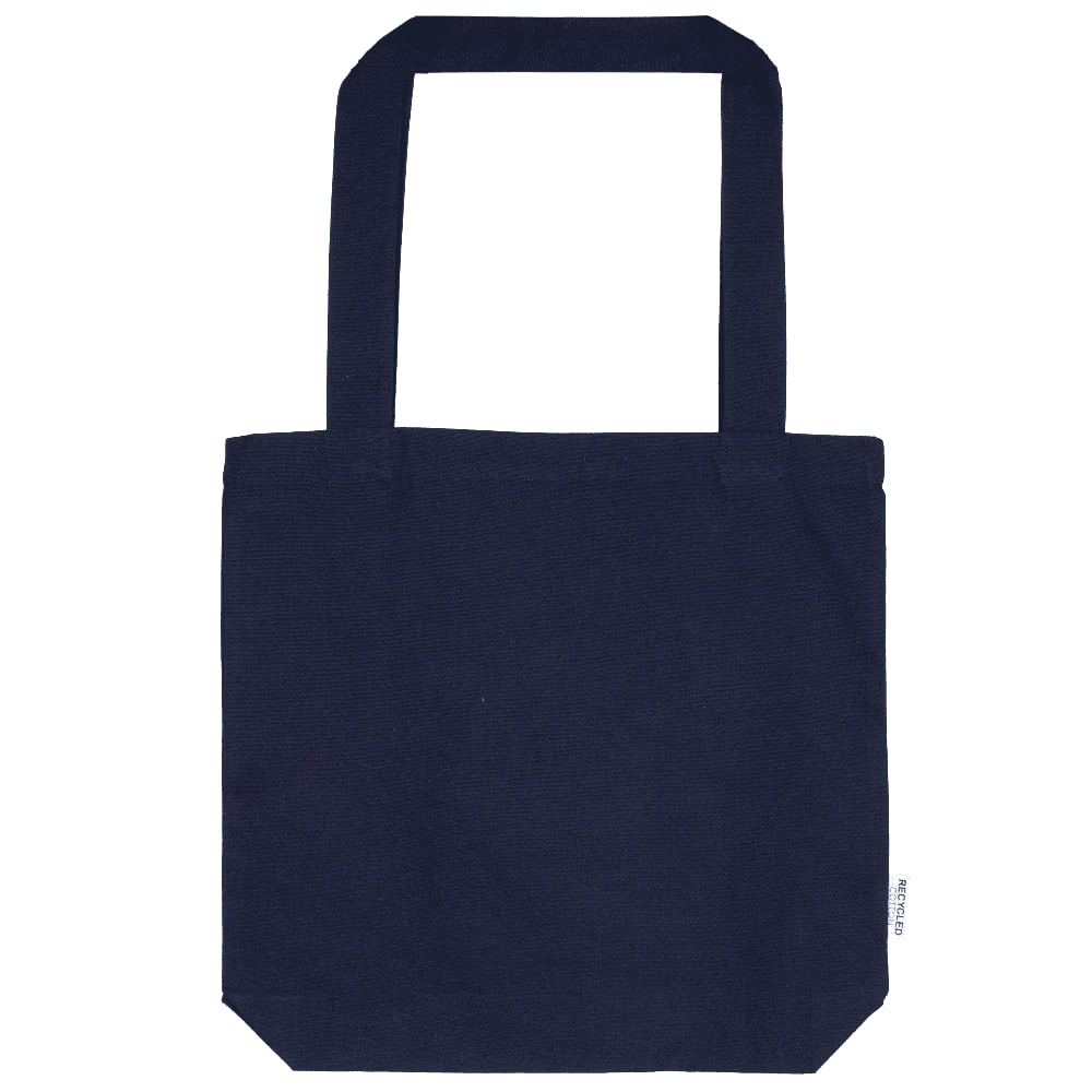 A navy tote bag with dual handles and a rectangular base, featuring a logo on the side.