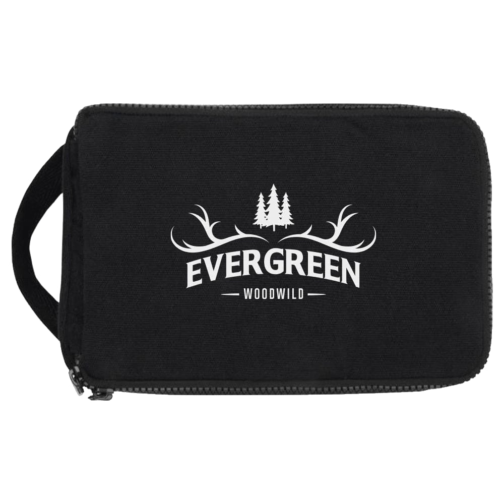 A black toiletry organiser with a zip closure and a logo featuring trees and antlers.