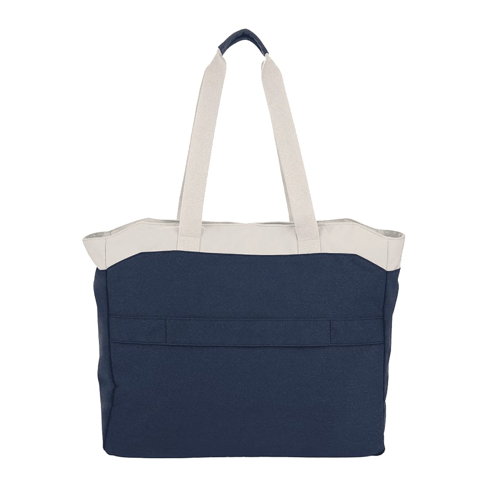 A navy and cream tote bag featuring dual handles and a spacious design, with a branded logo.