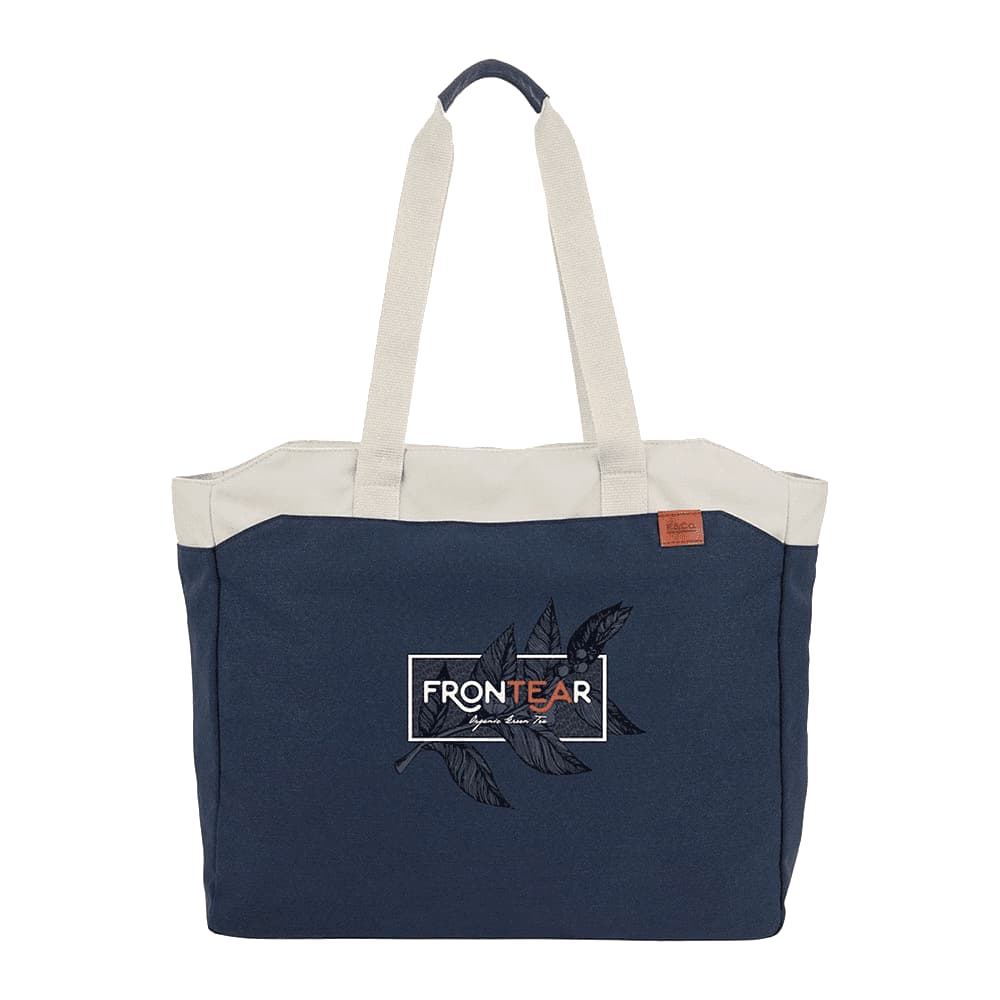 A navy blue tote bag with cream handles and a branding logo featuring a leaf design on the front.