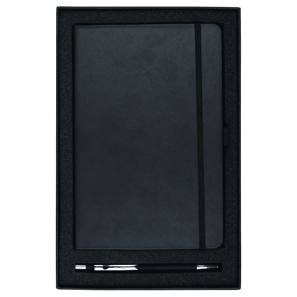 A black gift set featuring a JB1008 Nova journal and a 6018 Gorcia pen, presented in a stylish box.