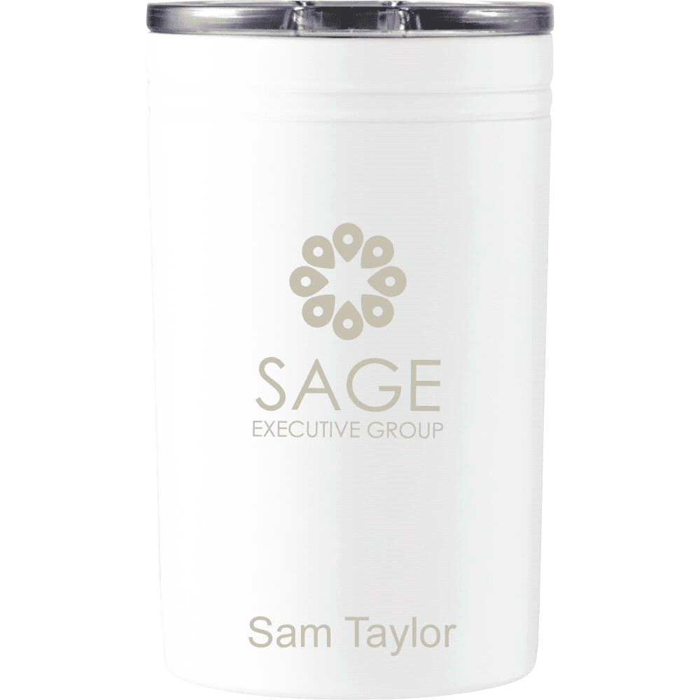 A white tumbler with a silver lid, featuring a logo and text on the side.