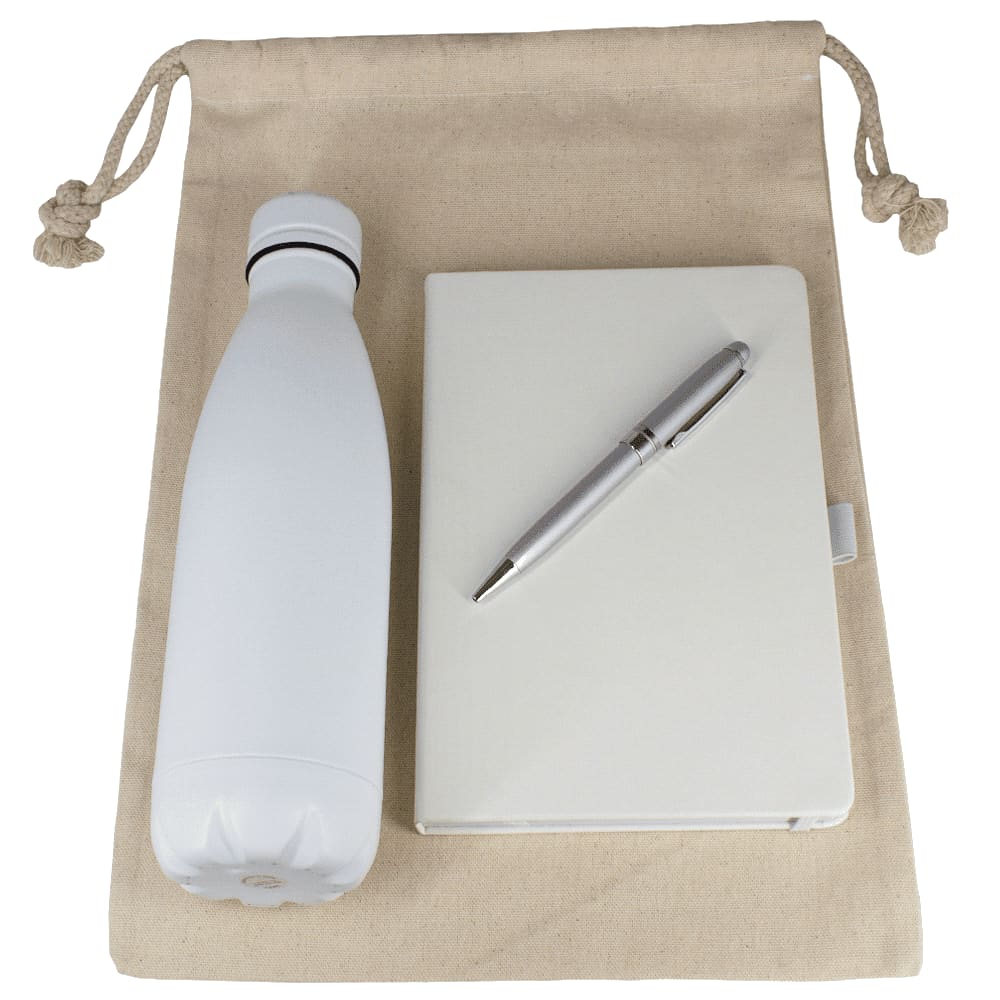 Gift Set - Cotton Drawstring Bag, Insulated Bottle, Journal & Pen - GS1011 Image White