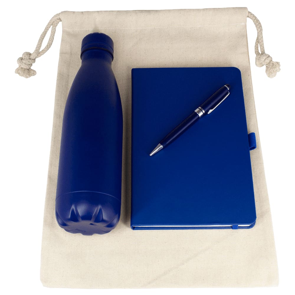 Gift Set - Cotton Drawstring Bag, Insulated Bottle, Journal & Pen - GS1011 Image Blue