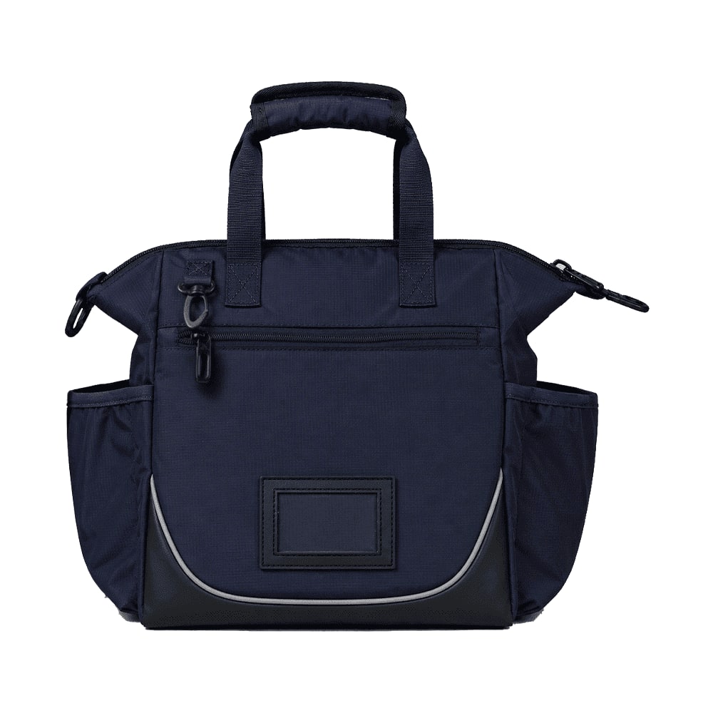 A navy blue bag with multiple pockets, short handles, and a sleek design. It features a logo on the front.