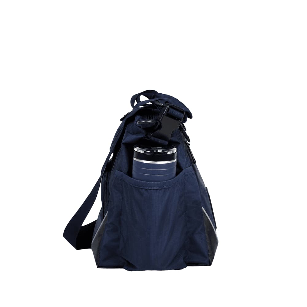 A navy bag with a large drink bottle visible in the front pocket. The bag features a logo and includes an adjustable strap.