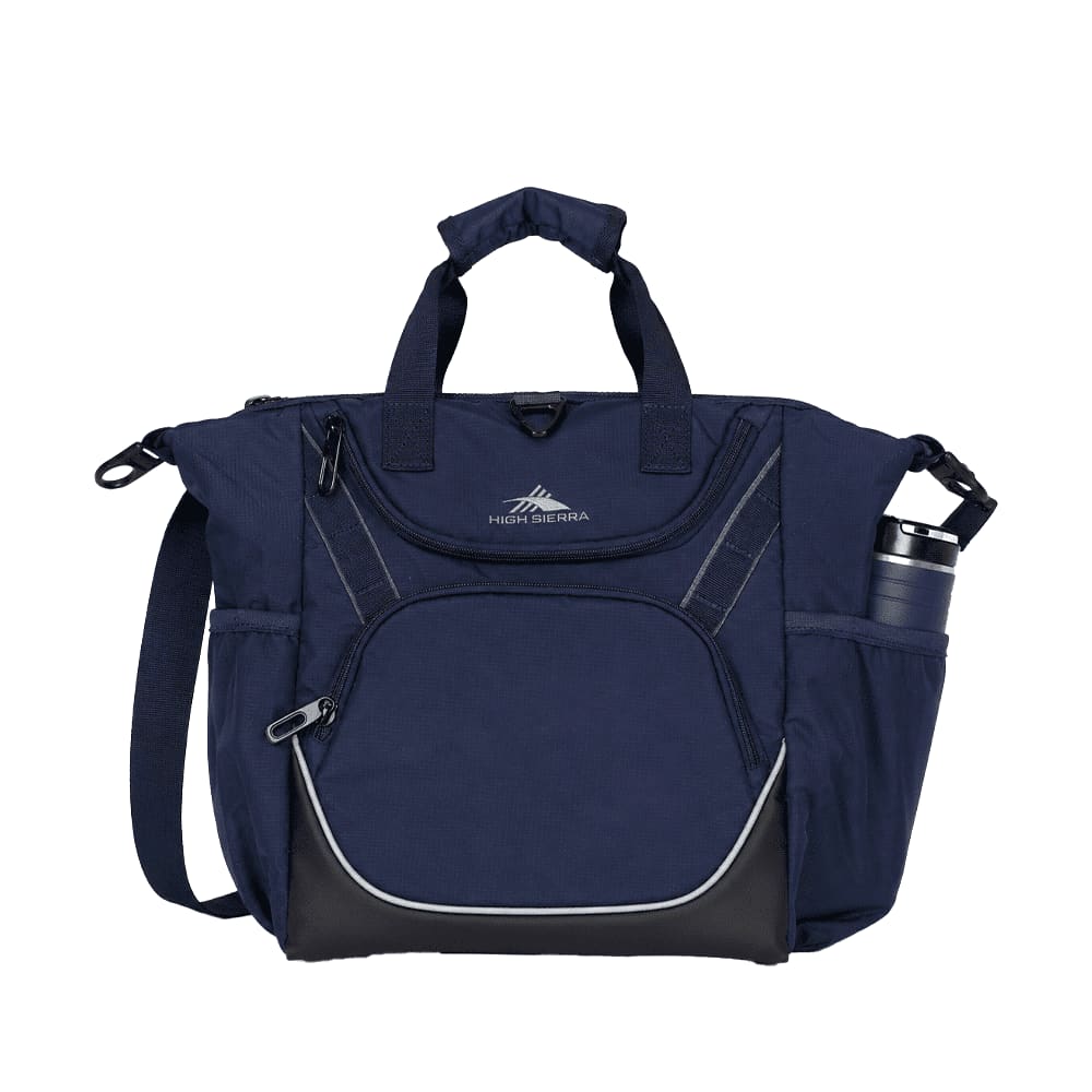 A navy cooler bag with multiple compartments, handles, a shoulder strap, and a drink bottle holder. It features a logo.