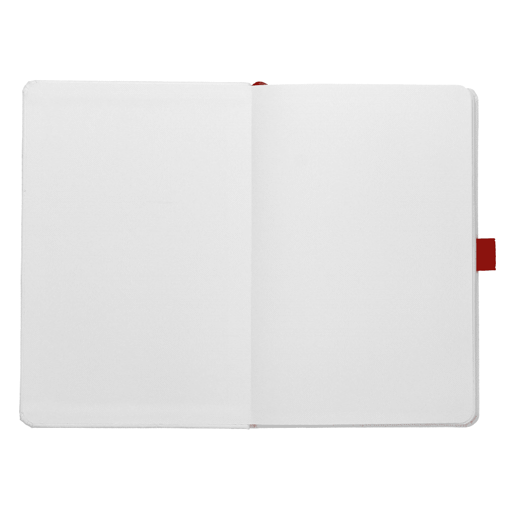 A bound journal with a white cover and coloured accents, featuring blank pages and a ribbon bookmark.