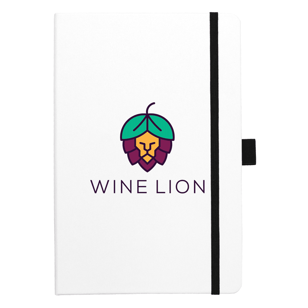A white bound journal with black accents featuring a colourful logo.