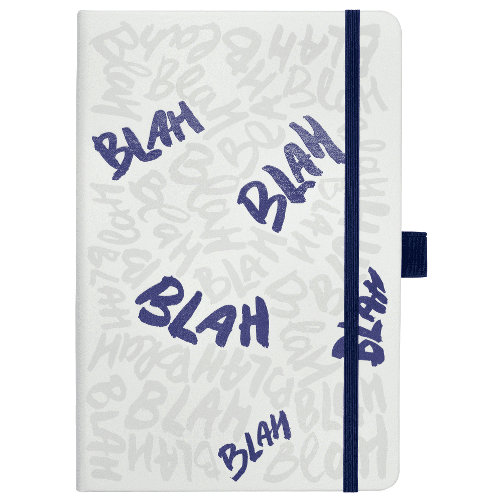 A white journal with blue accents and a textured cover featuring the word "Blah" in a repeating pattern.