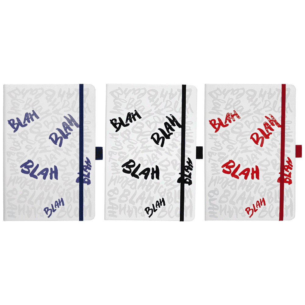 A bound journal with white covers and coloured accents in navy, black, and red, featuring playful text designs.