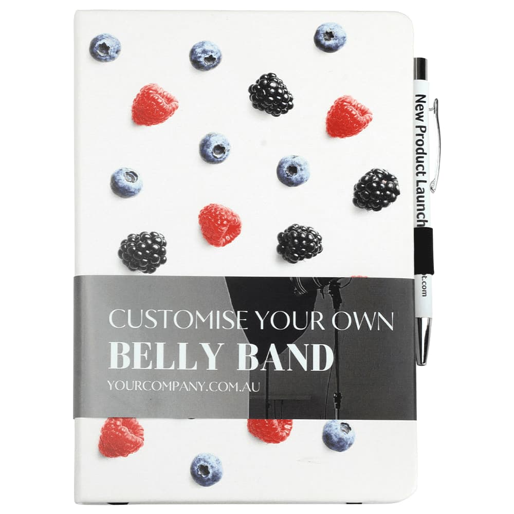 A white bound journal with mixed berry illustrations on the cover, featuring a pen and a branding logo.