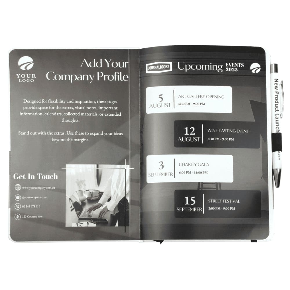 A bound journal with a white cover and coloured accents, featuring event listings and a pen. It includes a logo.