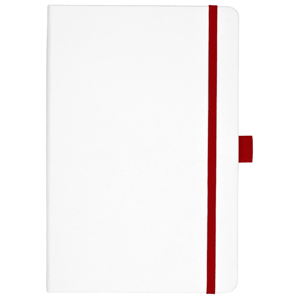 A white bound journal with red accents, featuring a coloured elastic band and a bookmark. It has a logo on the cover.