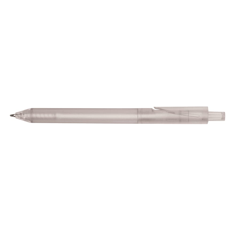 A clear pen with a transparent barrel and black ink. It features a clip and a retractable tip.