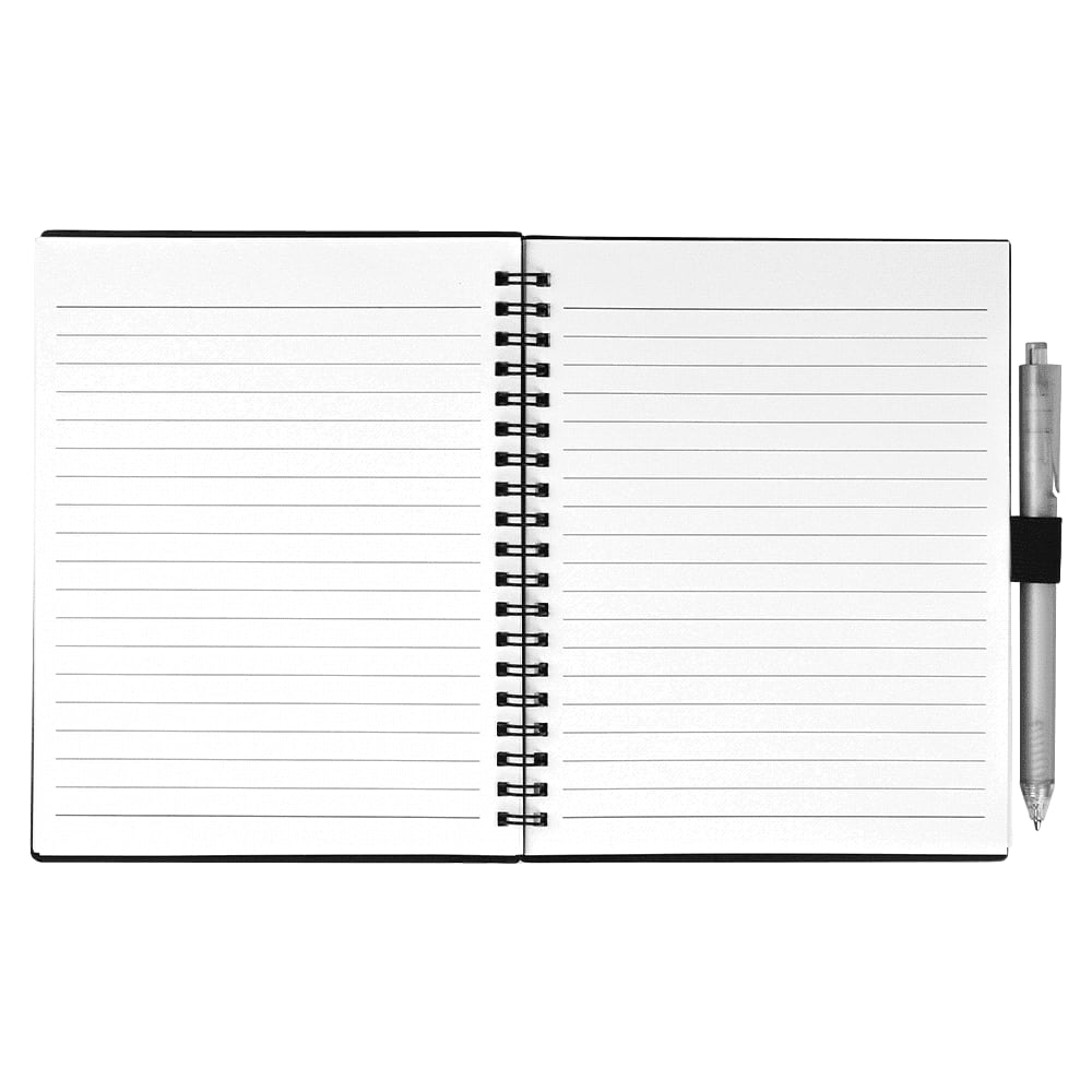 A black recycled PP journal book with lined pages and a silver pen attached to the side.