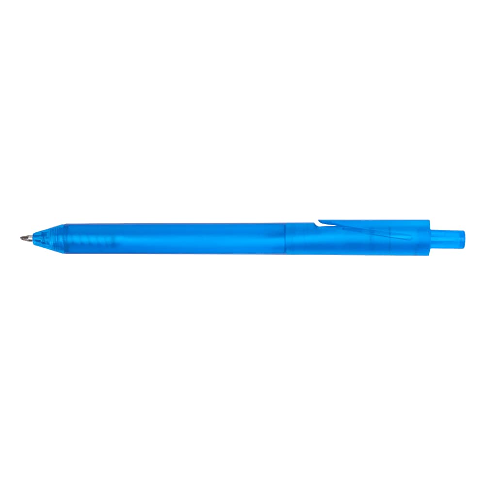 A blue pen with a transparent barrel and a rounded tip. It has a clip for easy attachment.