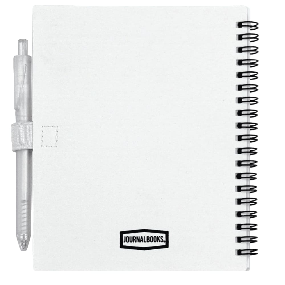 A white recycled PP journal with a spiral binding and a matching pen attached. The journal includes a logo.