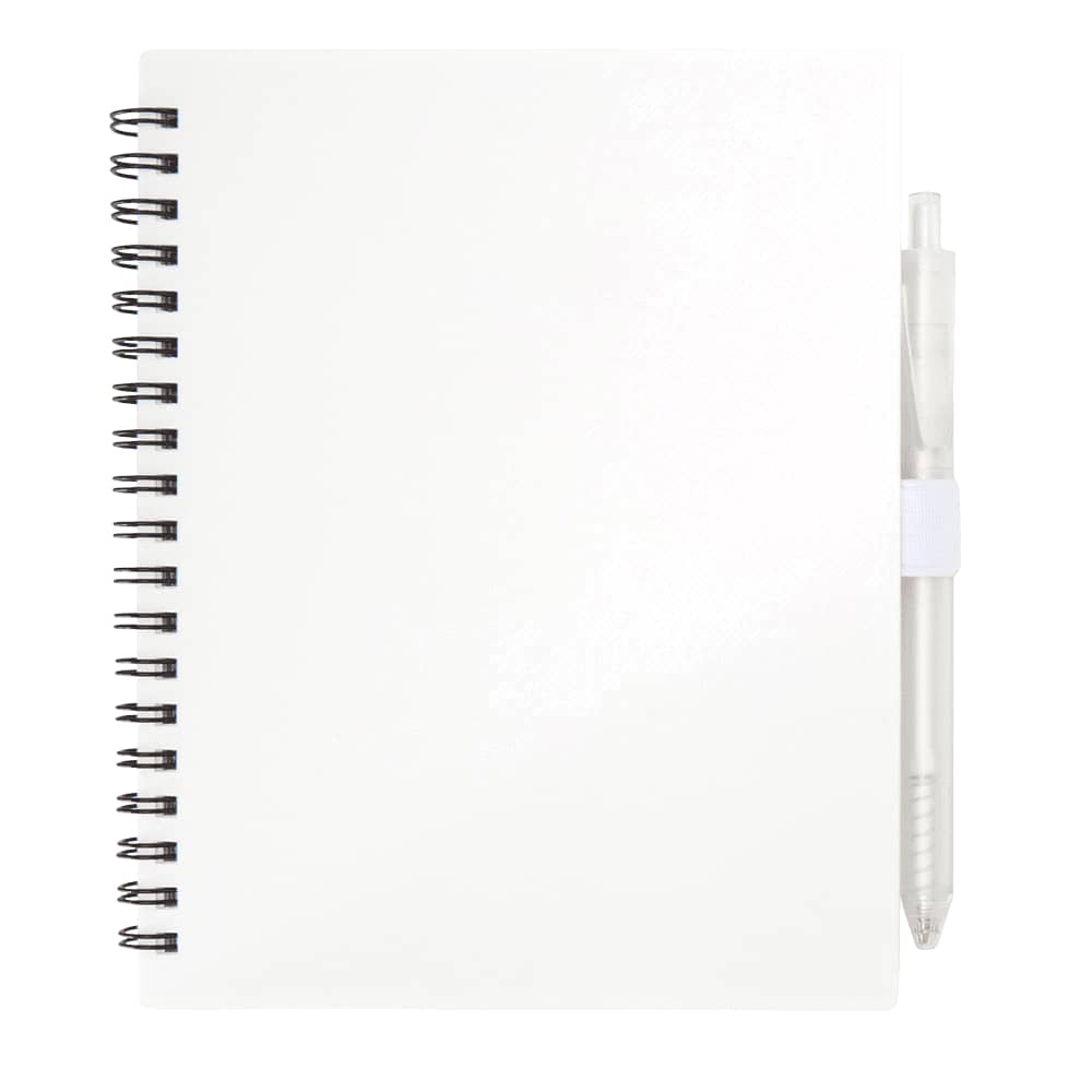 A white recycled journal with a spiral binding and a transparent pen attached.