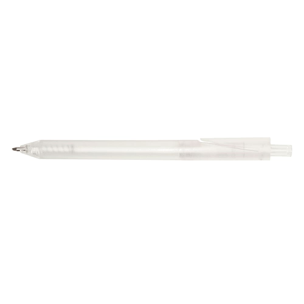 A clear pen with a smooth barrel and a clip for easy attachment. It features a transparent design.