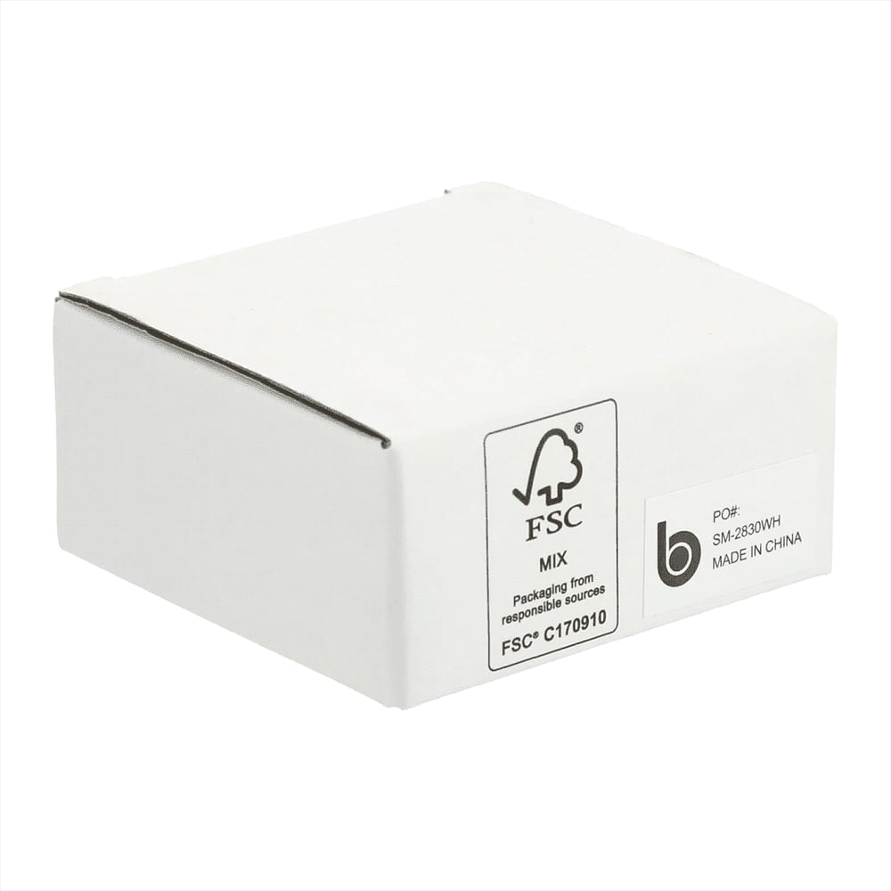 A white cardboard box with a logo and packaging information, suitable for a wireless charging pad.