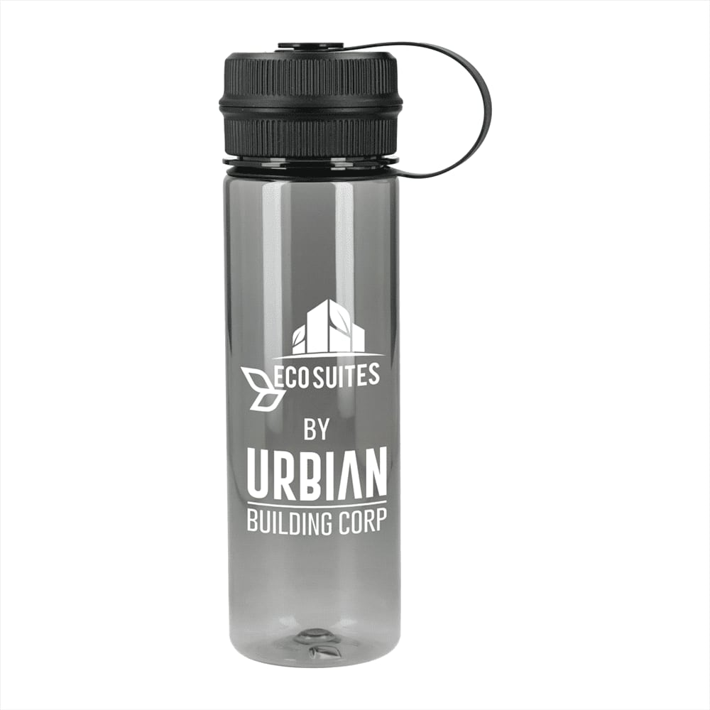 A drink bottle made from recycled R-PET, featuring a transparent grey body and a black screw-on lid with a carry handle.