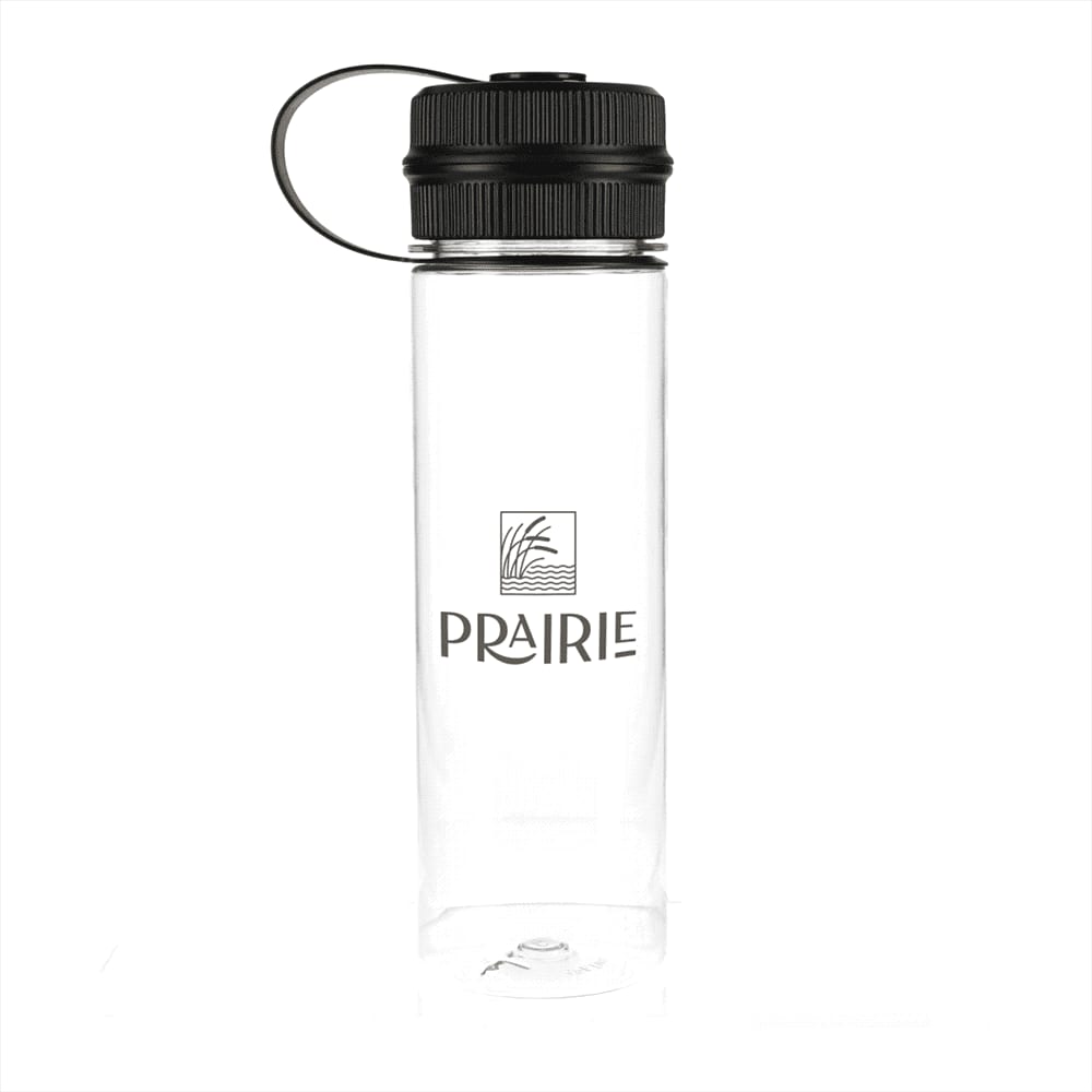 A drink bottle made of clear material with a black lid and a logo. It has a capacity of 620ml.